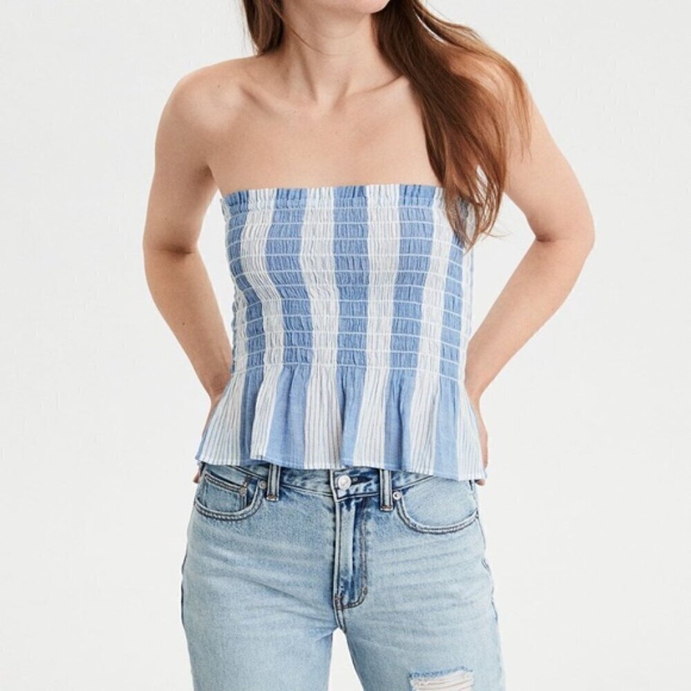 American Eagle striped smocked ruffled tube top XS